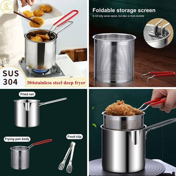 Deep Fryer Pot with Basket, Mini Deep Oil Fryer, 304 Stainless Steel Gadgets with Anti Scalding Silicone Handle, Fryer Pot for Home Tempura Chips Fries Fish Chicken