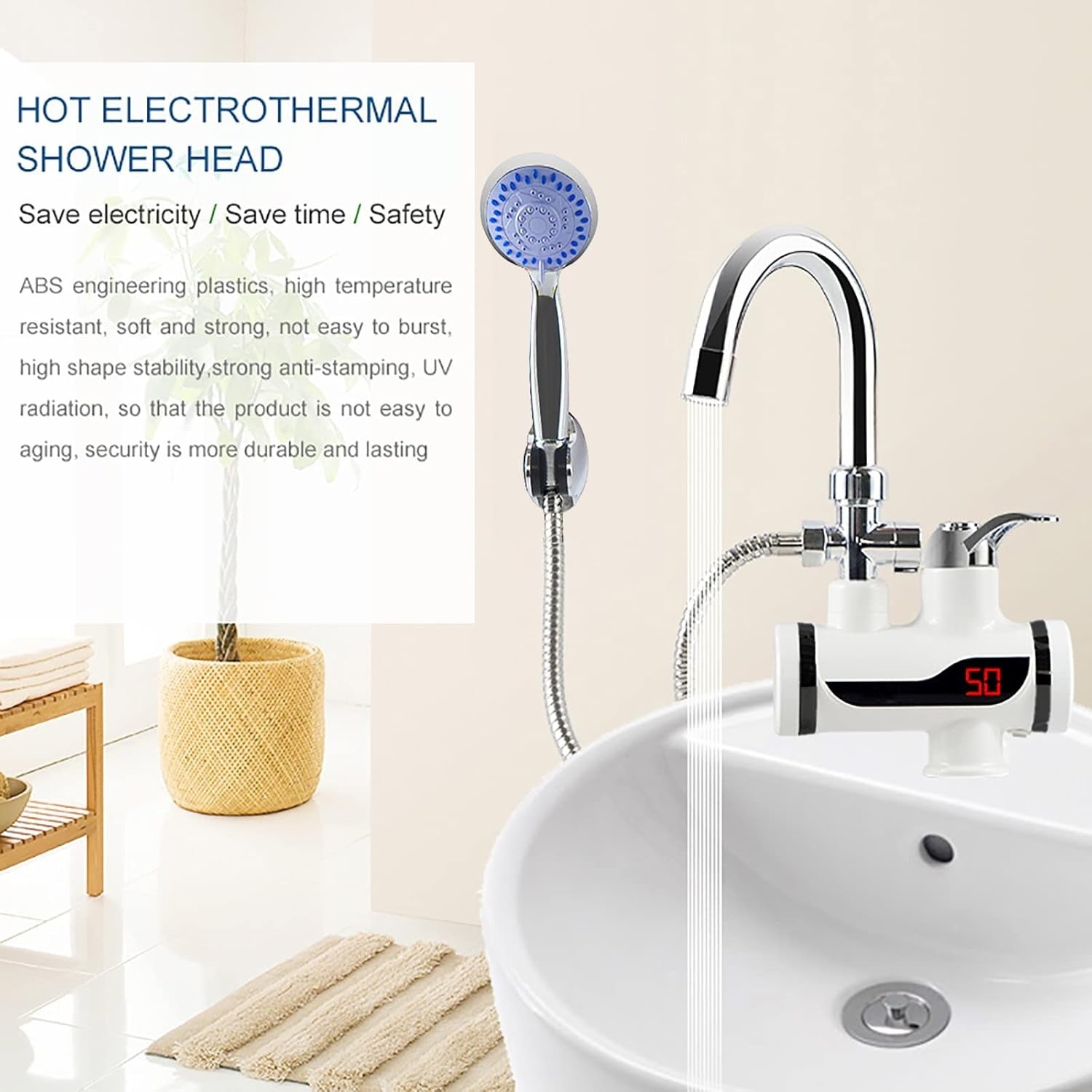 Instant 360° Electric Water Heating Tap with Shower for Bathrooms | Shock-Proof Design | Digital Temp° Display | Hot and Cold Water