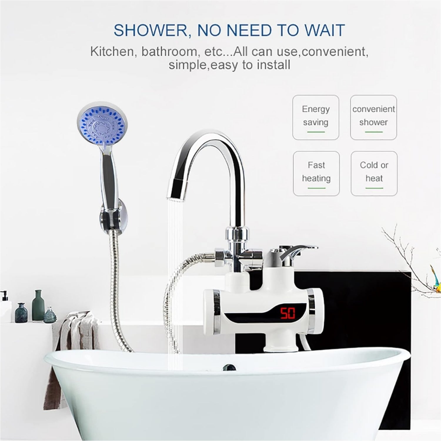 Instant 360° Electric Water Heating Tap with Shower for Bathrooms | Shock-Proof Design | Digital Temp° Display | Hot and Cold Water